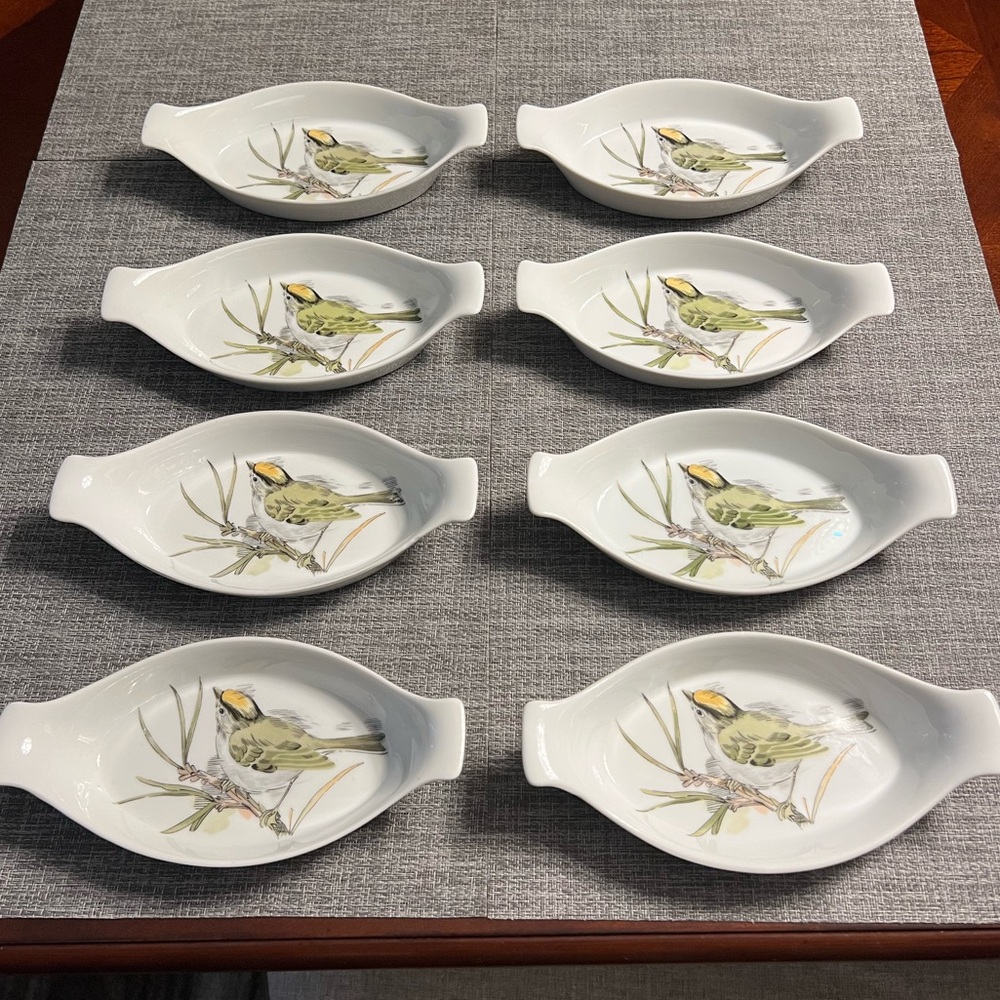 Enesco Song Bird set of 8 Au Gratin Serving Dishes, Vintage Excellent condition
